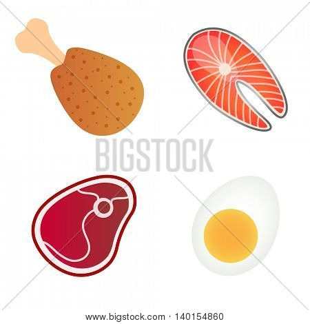 Protein Foods Set. Vector illustration of sliced beef steak, egg, salmon fish, chicken leg isolated on white