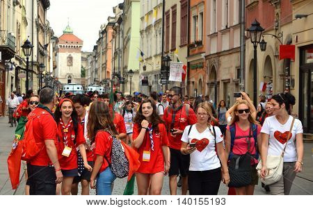 KRAKOW POLAND - JUL 27 2016: World youth day 2016.International Catholic youth Convention. Young people on Main Square in Krakow.