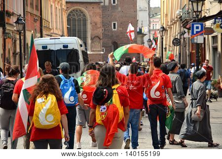 KRAKOW POLAND - JUL 27 2016: World youth day 2016.International Catholic youth Convention. Young people on Main Square in Krakow.