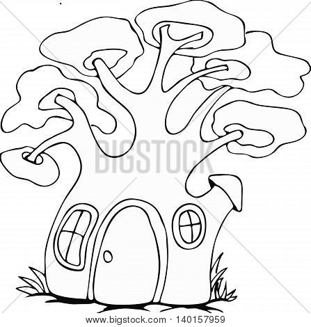 Vector cute fairy tale house doodle.Vector line illustration.Sketch for postcard, print or coloring adult book.Boho zen art style.