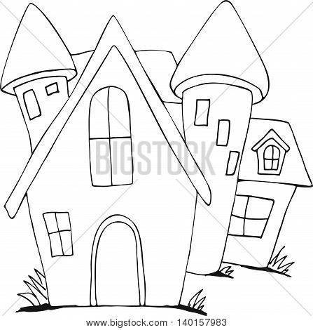 Vector cute fairy tale house doodle.Vector line illustration.Sketch for postcard, print or coloring adult book.Boho zen art style.
