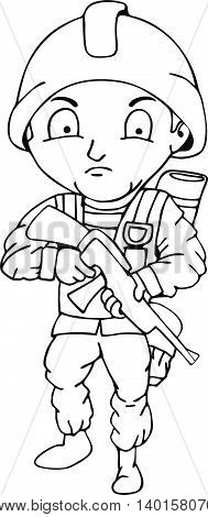 Soldier with weapons in cartoon doodle style isolated on white background.