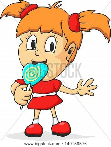 cute and funny girl with big lollipop isolated vector illustration.