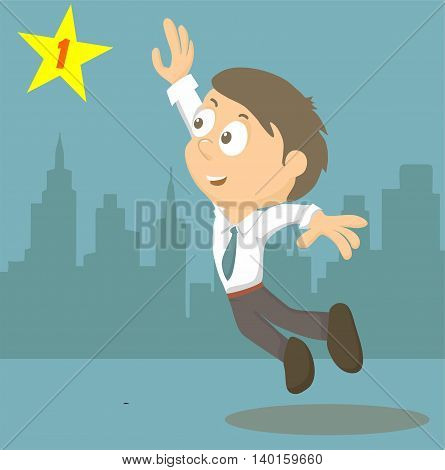 Cheerful businessman reaching up to get a golden star trophy, for goal achievement or award concept. Cartoon style