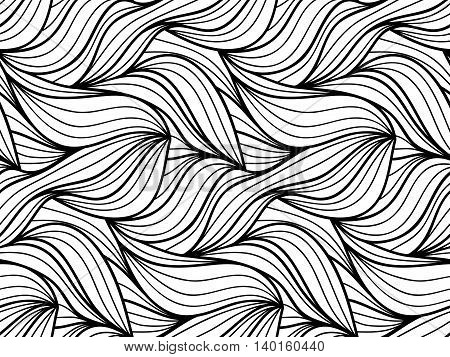Abstract seamless floral background of doodle hand drawn lines. Monochrome wave pattern. Coloring book page. Black white wallpaper.