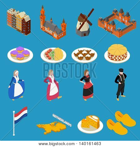 Set of color isometric icons different tourist attractions Netherlands cheese mill national clothes vector illustration