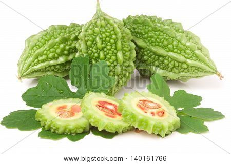 green momordica or karela with leaf isolated on white background.