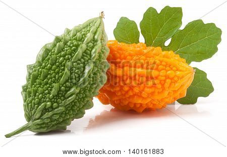 green and yellow momordica or karela with leaf isolated on white background.
