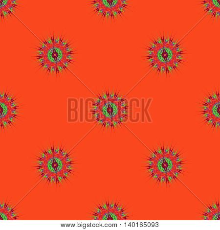 Abstract seamless pattern with bright multibeam fractal mandala on a dark orange background