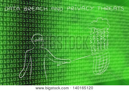 masked man stealing files falling off a cloud with binary code rain concept of data theft and unauthorized access