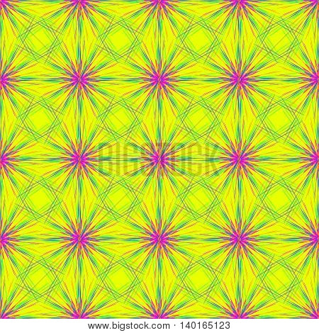 Abstract seamless pattern with multibeam furry fractal star on a bright yellow background.