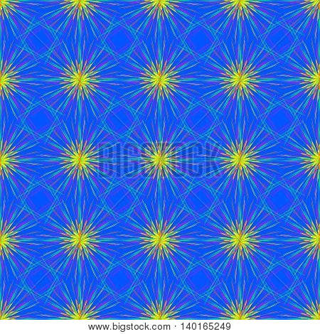 Abstract seamless pattern with multibeam furry fractal star on a blue background.