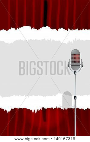 A microphone ready on stage against a red curtain with a tear copy space
