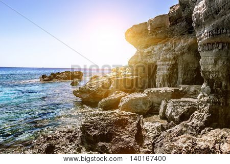25 may 2016. Cape Greco. Views of the sea caves and cliffs of Cape Greco at sunset. Cyprus.