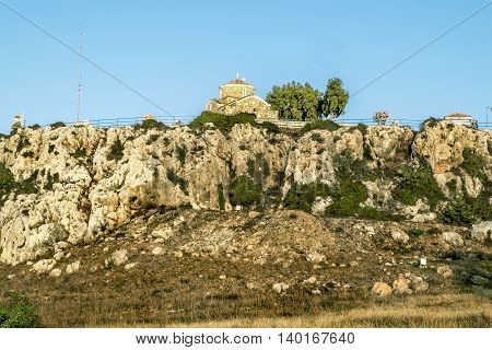 May 20 2016. Protaras Church of St. Elijah on a rock in Protaras . Cyprus.