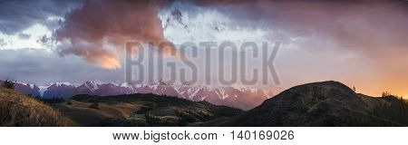 the Altai mountains in the morning in the clouds