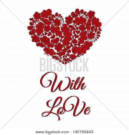 Floral doodle heart card white and dark red with love, vector
