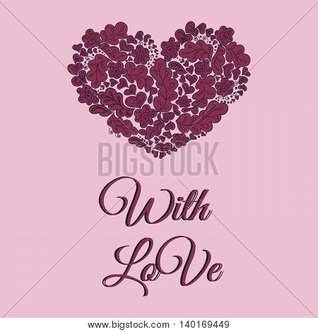 Floral doodle pink card. White and purple heart. With love
