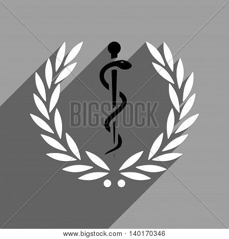 Healh Care Laurel Wreath long shadow vector icon. Style is a flat healh care laurel wreath black and white iconic symbol on a gray square background.