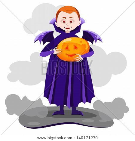 the boy vampire with wings,holding a pumpkin in hands, smiling pumpkin glowing, Vector design for app user interface,vector illustration