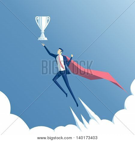 business concept success and mastery a businessman superhero flying through the clouds to the cup