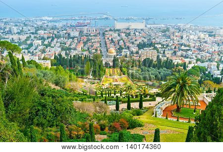 The view of Haifa city and Bahai Gardens and Temple from the top of Carmel Mount Israel.