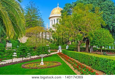 The middle level of Bahai Gardens with the beautiful shrine among the greenery Haifa Israel.