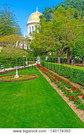 The Bahai Gardens located on the mountain devided into the different levels separated with the gates Haifa Israel.