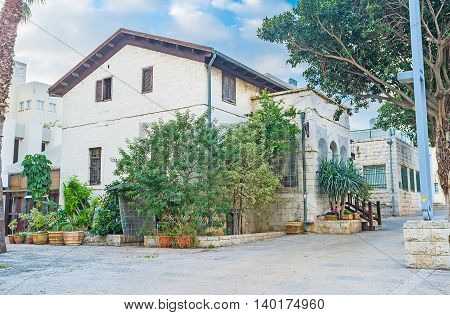 The cozy cottages of German Colony occupied with the cafes restaurants and tourist hotels Haifa Israel.