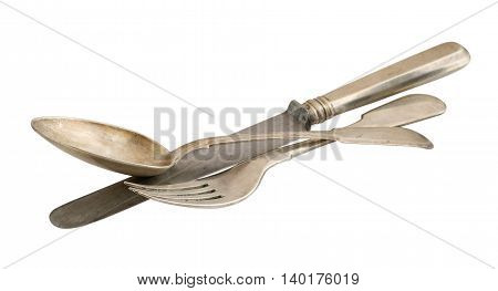 Old vintage silverware isolated on white background