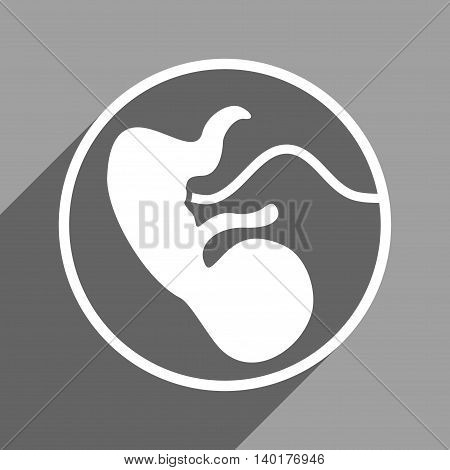 Embryo Uterus long shadow vector icon. Style is a flat embryo uterus white iconic symbol on a gray square background.