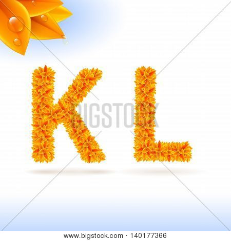 Sans serif font with orange leaf decoration on white background. K and L letters