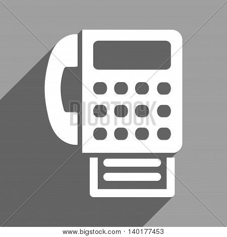 Fax long shadow vector icon. Style is a flat fax white iconic symbol on a gray square background.