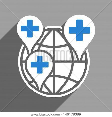 Global Clinic Company long shadow vector icon. Style is a flat global clinic company white iconic symbol on a gray square background.