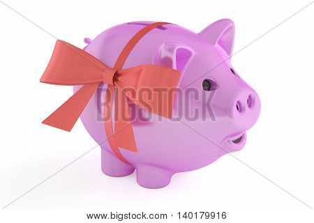 Piggy bank with red ribbon and bow 3D rendering isolated on white background