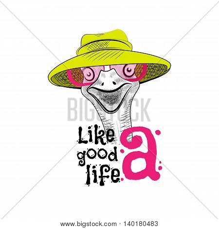 Funny ostrich in the pink sunglasses. Lettering creative phrase youth style. Doodle drawing brush is hand-painted on white background. Keep calm.