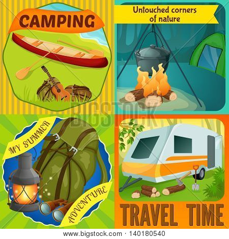 Summer camping compositions with boat on river shore virginal nature tourist equipment travel time isolated vector illustration