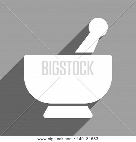 Mortar long shadow vector icon. Style is a flat mortar white iconic symbol on a gray square background.