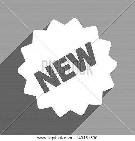 New Tag long shadow vector icon. Style is a flat new tag white iconic symbol on a gray square background.