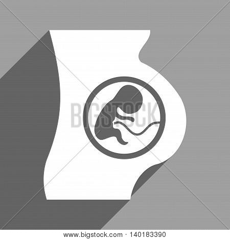 Pregnant Woman Anatomy long shadow vector icon. Style is a flat pregnant woman anatomy white iconic symbol on a gray square background.