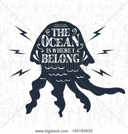 Hand drawn vintage label retro badge with textured jellyfish vector illustration and 