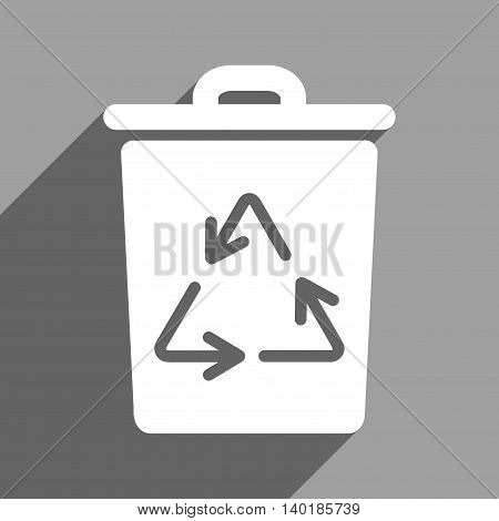 Trash Can long shadow vector icon. Style is a flat trash can white iconic symbol on a gray square background.