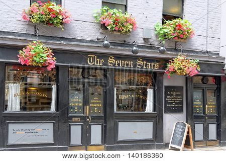 LONDON ENGLAND - JULY 1 2014 The Seven Stars Pub on 53-54 Carey Street Holborn London after the recent exterior renovation work
