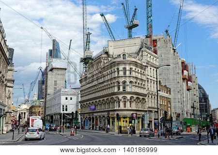 LONDON UK - JULY 1 2014: Many new developments under construction in the City of London one of the leading centers of global finance.