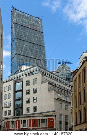 LONDON UK - JULY 1 2014: The famous office building - The Cheesegrater (Leadenhall Building) in the City of London one of the leading centers of global finance.