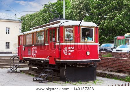 LVIV UKRAINE - MAY 8 2016: A touristic tram near 