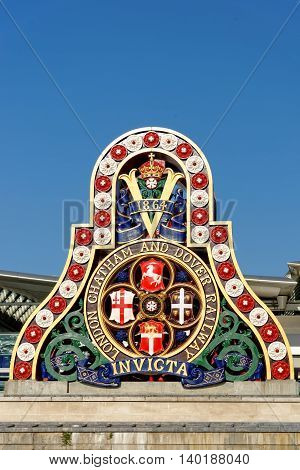 LONDON - JULY 1 2014: The logo of the LCDR from the first Blackfriars Railway Bridge. The London Chatham and Dover Railway-LCDR was a railway company in England created in 1859.