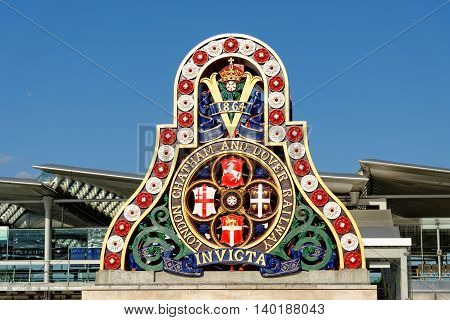 LONDON - JULY 1 2014: The logo of the LCDR from the first Blackfriars Railway Bridge. The London Chatham and Dover Railway-LCDR was a railway company in England created in 1859.