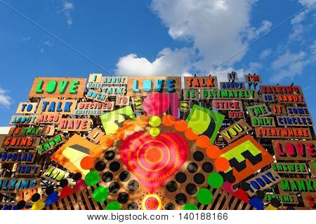 LONDON - JULY 1 2014. Detail from the Temple of Agape by Morag Myerscough and Luke Morgan. The temple celebrates the power of love to conquer hate and it is part of the Festival of Love in London.
