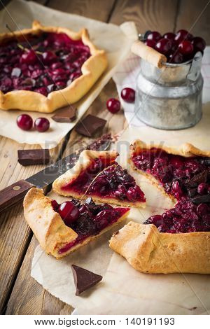 Gallet with cherries and bitter chocolate. Selective focus.